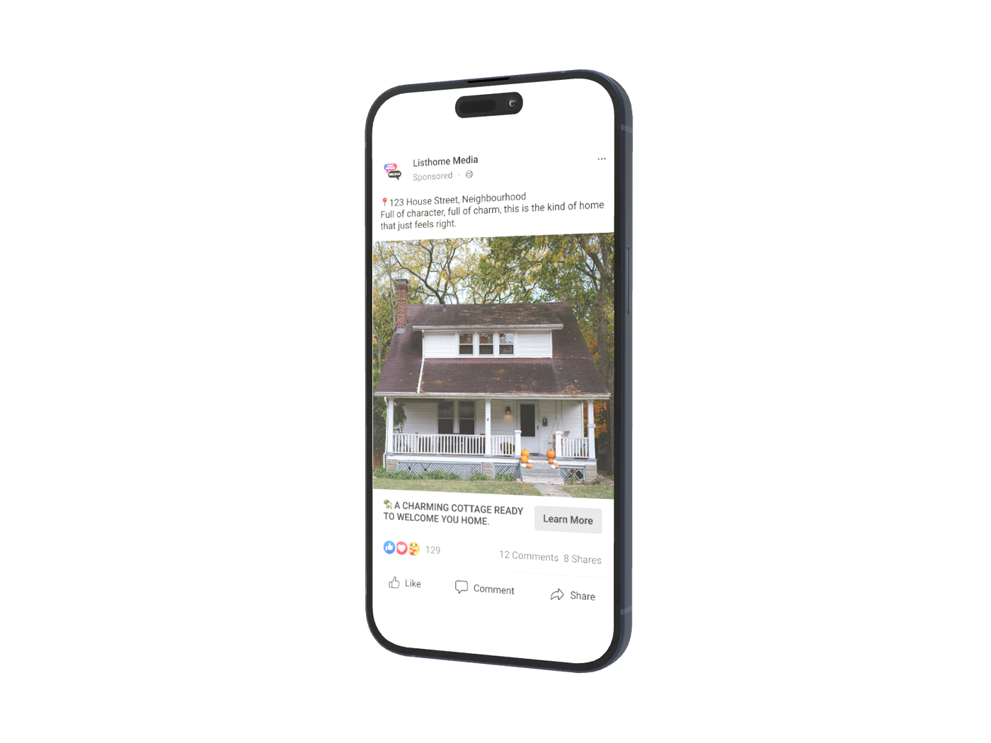A Listhome Media property campaign shown in the Facebook feed on a phone